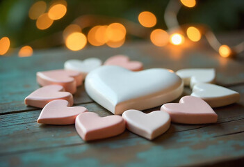 A cupid figurine with hearts resting on a wooden surface, capturing the essence of romance and intimate moments forever.