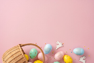 Colorful painted Easter eggs and a wicker basket arranged decoratively against a pink background