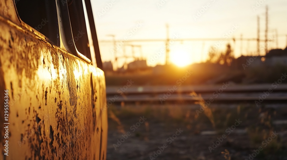 Aufkleber rusty old vehicle at sunset with warm light casting shadows over forgotten tracks : generative ai