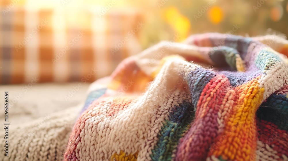 Aufkleber Cozy colorful blanket draped on a soft surface in a warm sunlit setting : Generative AI