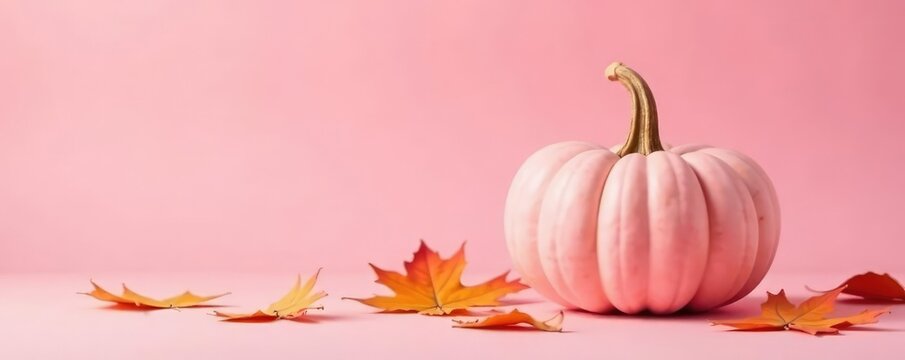 Pink pumpkin sits atop a pale pink background with falling autumn leaves, seasonal, pastel colors