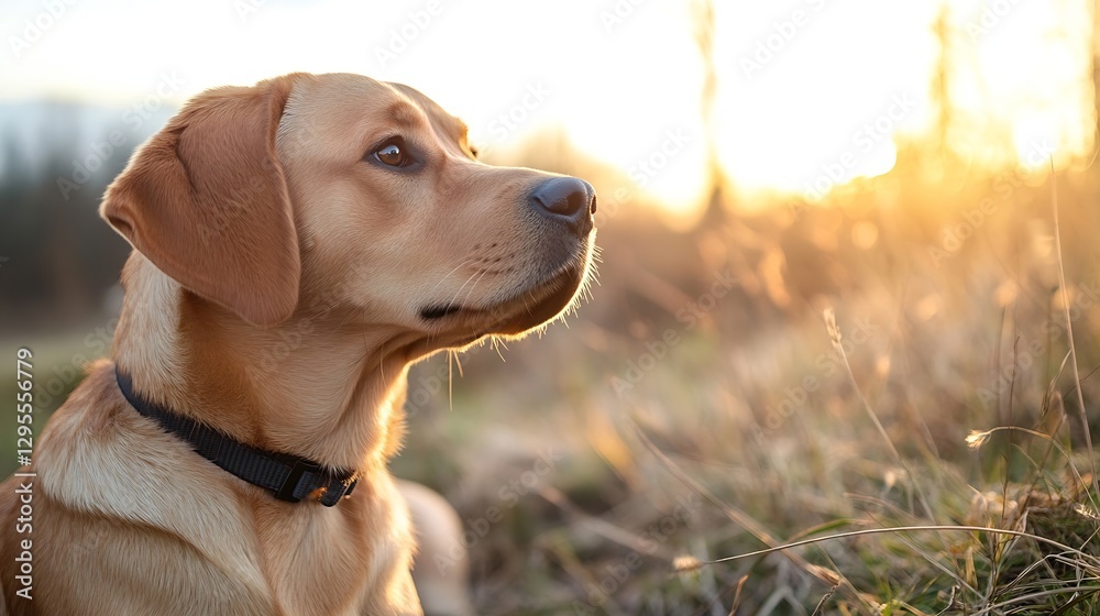 Poster cute labrador retriever dog enjoying the golden hour light while sitting on a grassy field : generat
