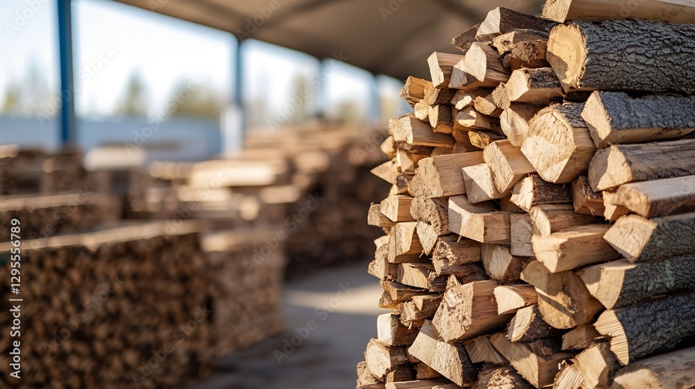 Poster stacked logs neatly arranged in a lumber yard showcasing raw wooden materials ready for processing :