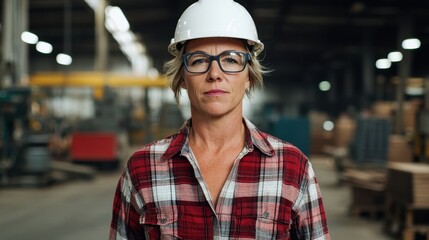 Confident Female Worker in Hard Hat and Plaid Shirt at Warehouse