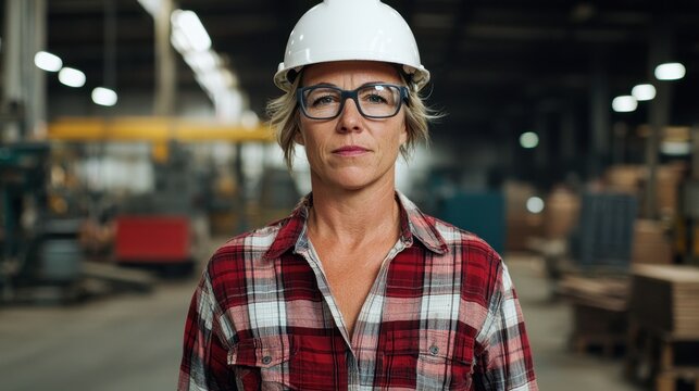 Confident Female Worker in Hard Hat and Plaid Shirt at Warehouse