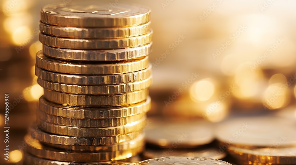 Fototapete stacks of golden coins glimmering under soft light with blurred background for financial concepts : 