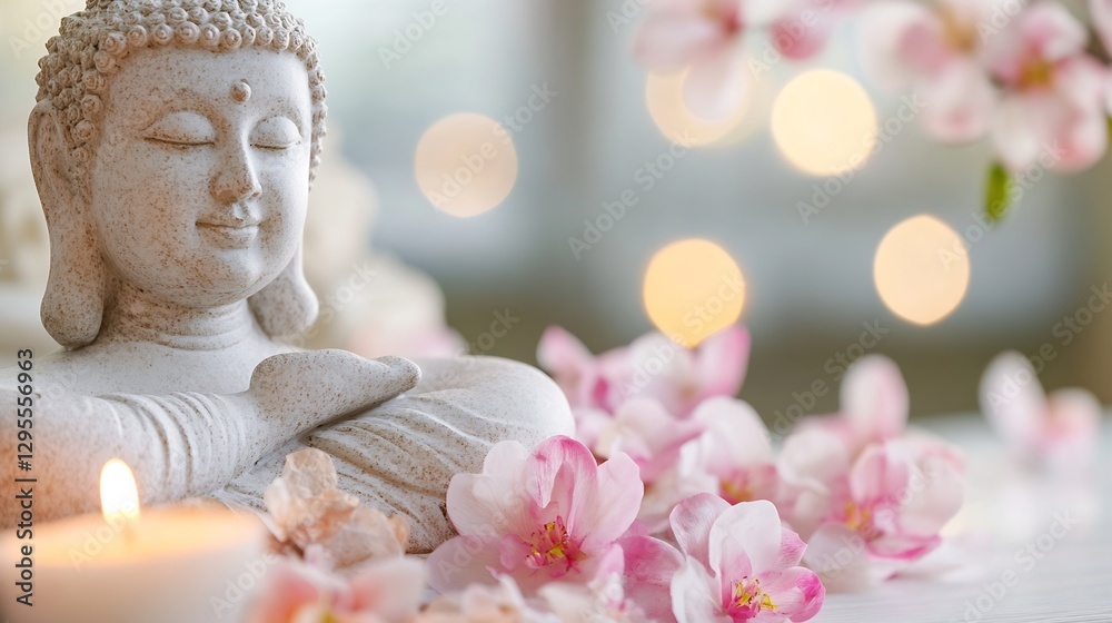 Aufkleber buddha statue surrounded by pink flowers and candlelight creating a serene and calm atmosphere : gen