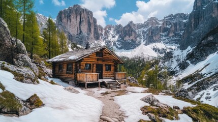 Fototapeta premium Rustic wooden cabin nestled amidst snowy mountains and green trees
