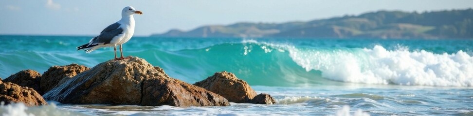 Wave Breaking on Shore with Seagull Perched on Rock , surf, shore, ocean