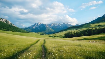 Fototapeta premium Vibrant Green Meadow Landscape Surrounded by Majestic Mountains Under Blue Skies : Generative AI