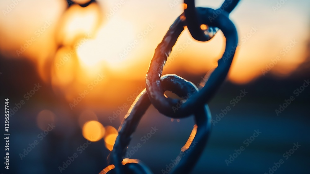 Fototapete Closeup image of a chain link glimmering against the sunset creating a striking visual effect : Generative AI