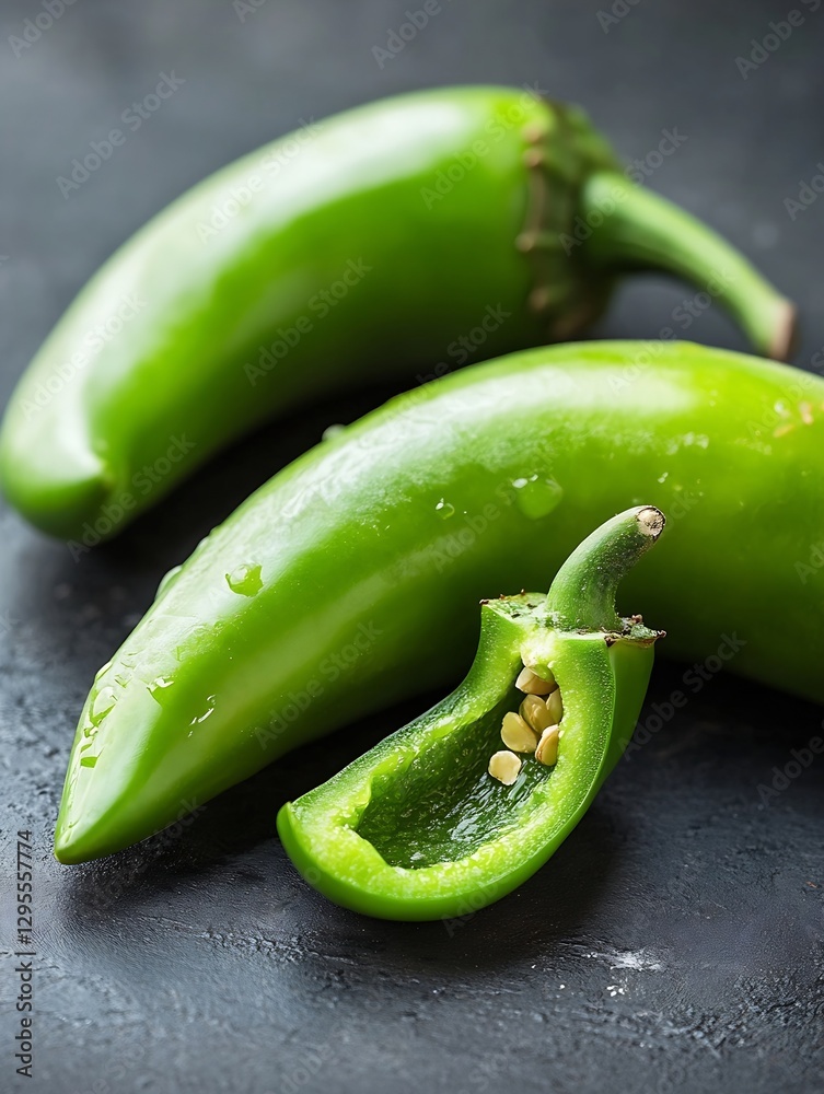 Aufkleber Fresh and vibrant green jalapeno peppers one sliced showing seeds and texture on a dark background : Generative AI