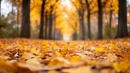 Golden autumn leaves carpeting a serene pathway surrounded by trees creating a picturesque landscape : Generative AI