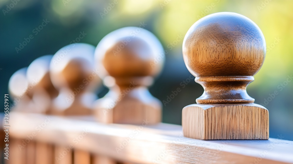 Leinwandbilder close up of wooden fence posts with smooth rounded finials and soft focus background : generative ai