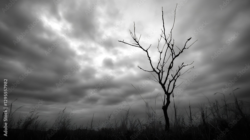 Poster lonely leafless tree against a gloomy cloudy sky in black and white : generative ai
