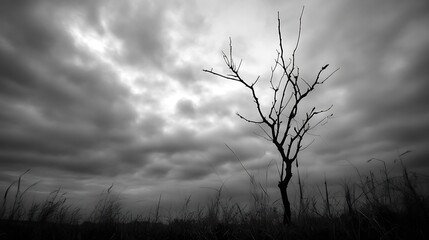 Lonely Leafless Tree Against a Gloomy Cloudy Sky in Black and White : Generative AI