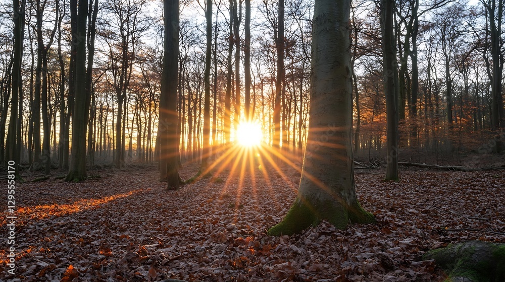 Aufkleber Sunlight shining through trees at dawn illuminating the forest floor covered in autumn leaves : Generative AI
