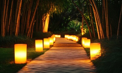 Lighted path in bamboo forest at night, ideal for romantic events