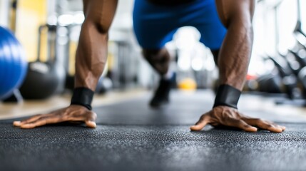 Close up of a man's hands while performing push ups on a gym floor to enhance fitness and strength : Generative AI