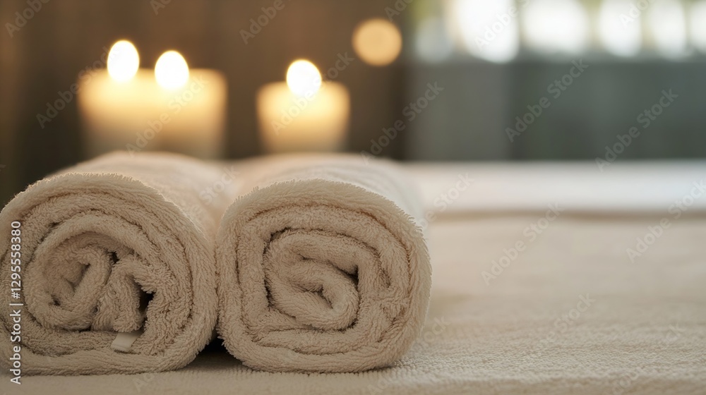 Poster soft rolled towels and glowing candles creating a tranquil atmosphere : generative ai