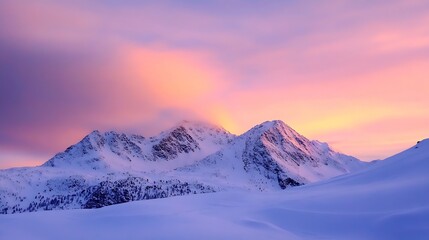 Stunning Snowy Mountain Range at Sunrise with Soft Colorful Skies : Generative AI