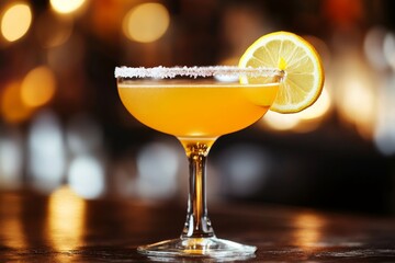Refreshing Citrus Cocktail Garnished with Lemon Slice and Sugar Rim