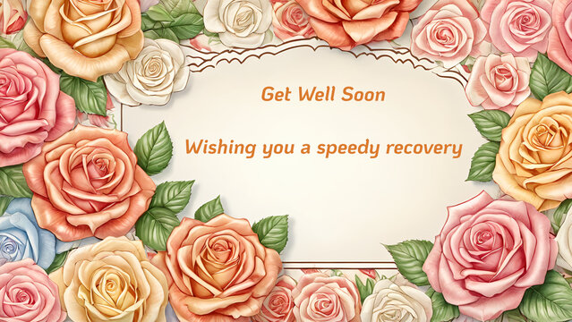 Get well soon card with a heartwarming bouquet of colorful rose, expressing wish for a speedy recovery.

