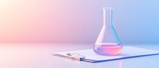beaker style flask filled with neon liquid sits on clipboard with papers, reflecting soft light in gradient background. scene conveys sense of scientific exploration and creativity