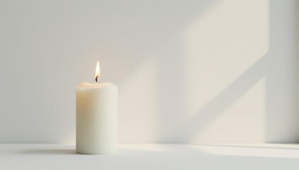 Single candle on a minimalist white background with gentle warm light, contemplation, serene, faith