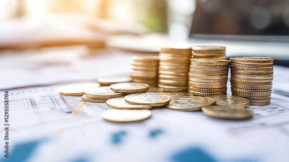 Fototapete stack of coins on financial charts with soft focus background : generative ai
