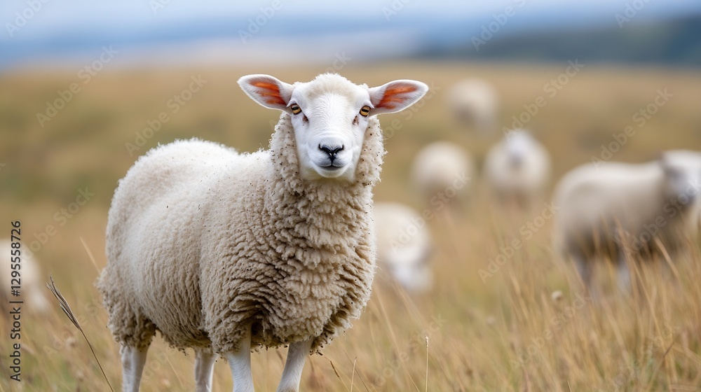 Poster Curious Sheep Grazing in a Meadow Under a Cloudy Sky : Generative AI