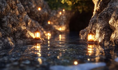 Lit cave passage with lanterns, water, rocks, and foliage