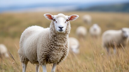 Naklejka premium Curious Sheep Grazing in a Meadow Under a Cloudy Sky : Generative AI