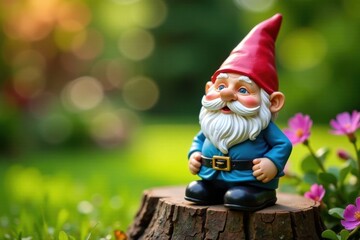 Whimsical gnome sitting on a wooden board in a garden, garden gnome, fantasy, whimsical