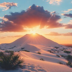 Majestic sand dune landscape at sunset with radiant sunbeams and dramatic clouds creating a serene and peaceful atmosphere in a desert environment