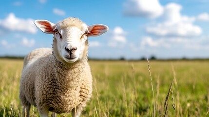 Fototapeta premium Close-up of a Smiling Sheep in a Green Field Under Blue Sky : Generative AI