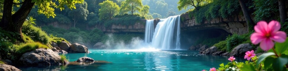 Fototapeta premium Whimsical Waterfall Scene, natural scenery, serene, lush greens