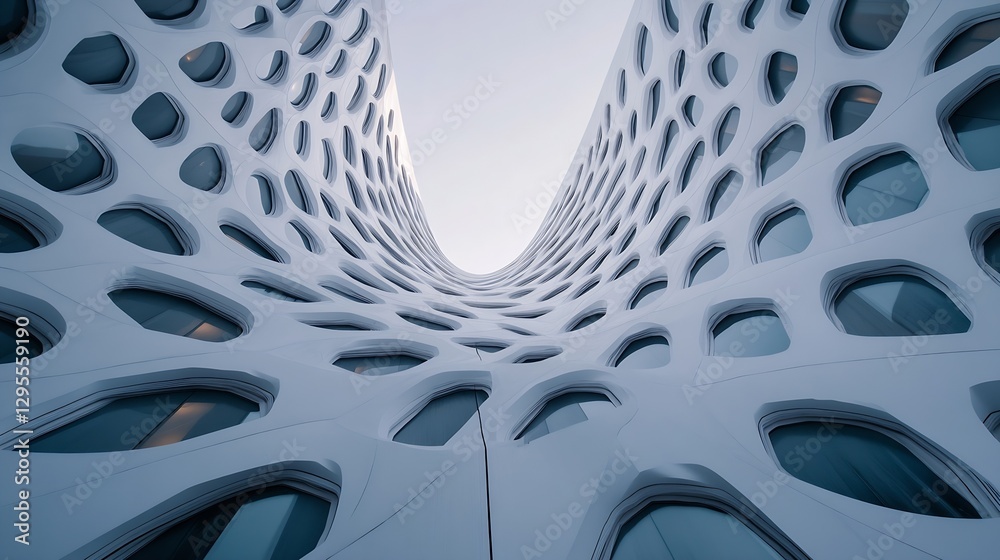 Aufkleber Unique architectural design featuring curvy patterns and large windows against a sky backdrop : Generative AI