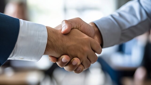 Business hand shake between two professionals in modern office setting promoting teamwork and partnership : Generative AI