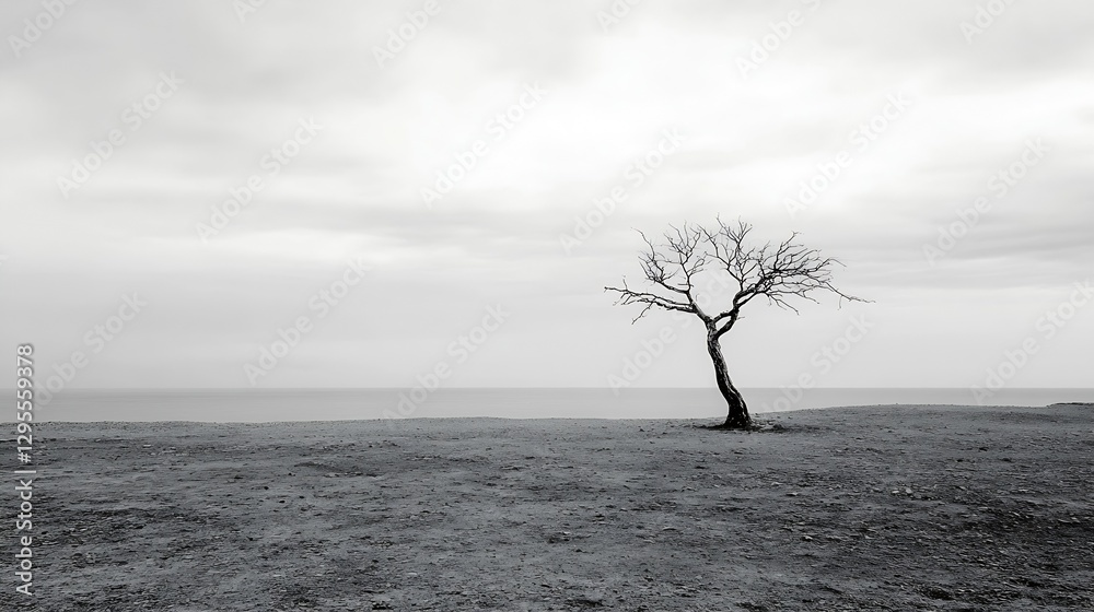 Poster lonely leafless tree standing alone on a barren shore under an overcast sky : generative ai
