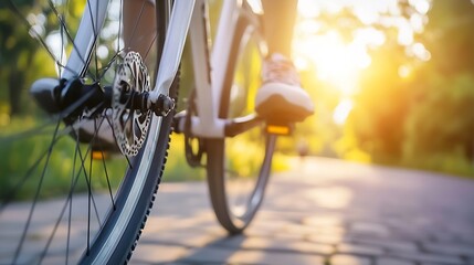 Naklejka premium Cyclist pedaling on a sunlit path surrounded by lush greenery and evening glow : Generative AI