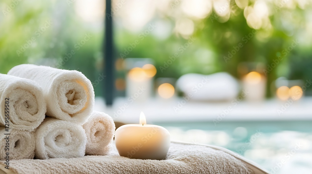 Aufkleber luxurious spa setting with rolled towels and a glowing candle creating a peaceful atmosphere : gener