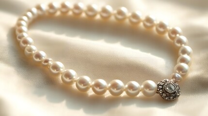 Obraz premium A luxurious opera-length pearl necklace with a vintage clasp, displayed on a soft cream backdrop