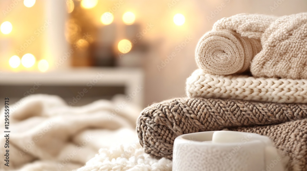 Poster Cozy Winter Vibes with Soft Knitted Blankets and Candle Glow Background : Generative AI