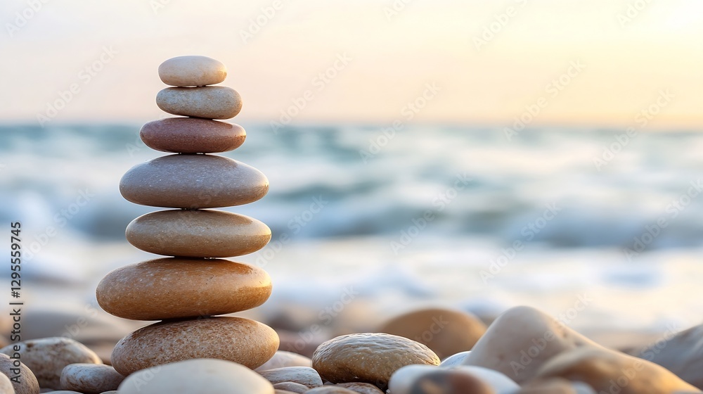Poster Carefully balanced stack of pebbles on sandy beach with gentle waves in the background creating calm : Generative AI