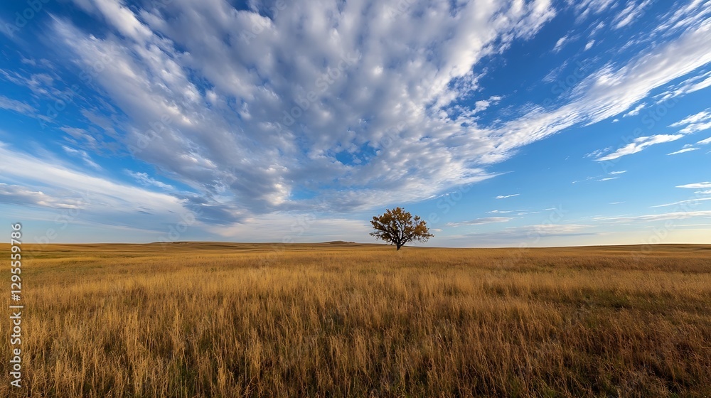 Poster Stunning view of a single tree standing alone in a vast golden field under an expansive blue sky : Generative AI