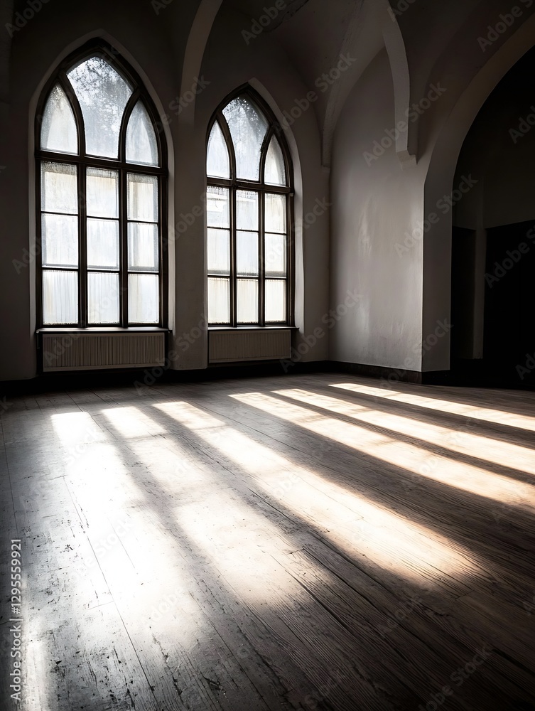 Aufkleber Elegant empty room with beautiful light streaming through arched windows creating pattern on floor : Generative AI