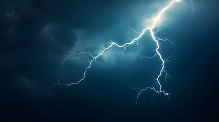 powerful lightning bolt strikes downward through dark clouds, illuminating sky with dramatic display of nature energy