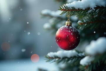 Obraz premium Snowy tree branch with isolated red Christmas ornament on it, winter, tree, festive