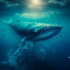 Fototapeta premium majestic blue whale swimming in the deep ocean with sunlight filtering through the water